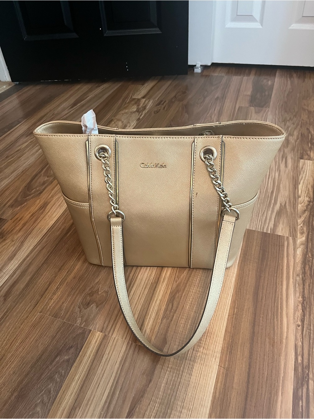 Calvin Klein Metallic Gold Tote with Chain-Accent Straps